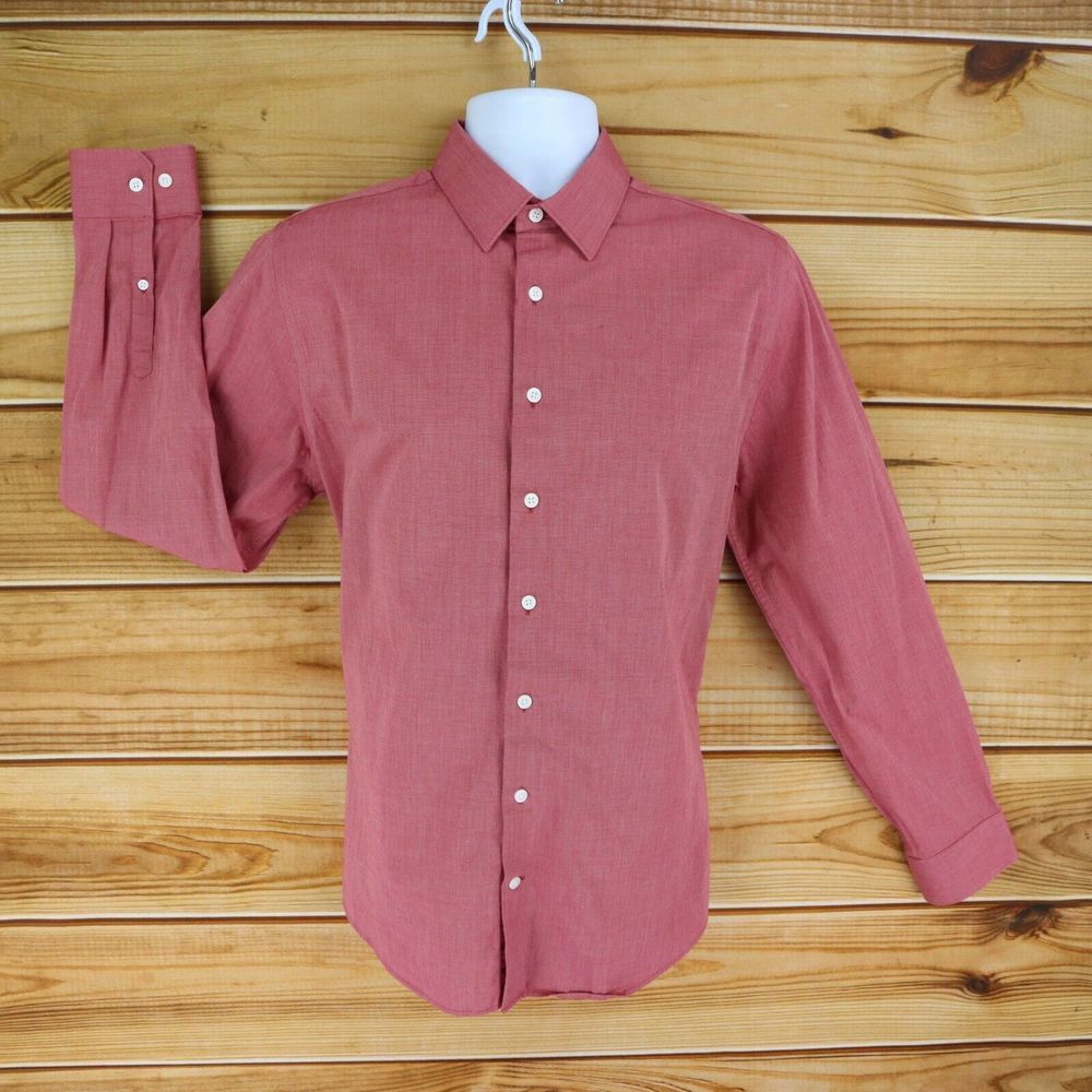 Express Button Up Shirt Slim Fit Men 16-16.5 Red White Button Long Sleeve Collar